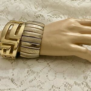 Lot of 2 Vintage Chunky, Gold Tone Greek Key Hinged and Stretchable Bracelet